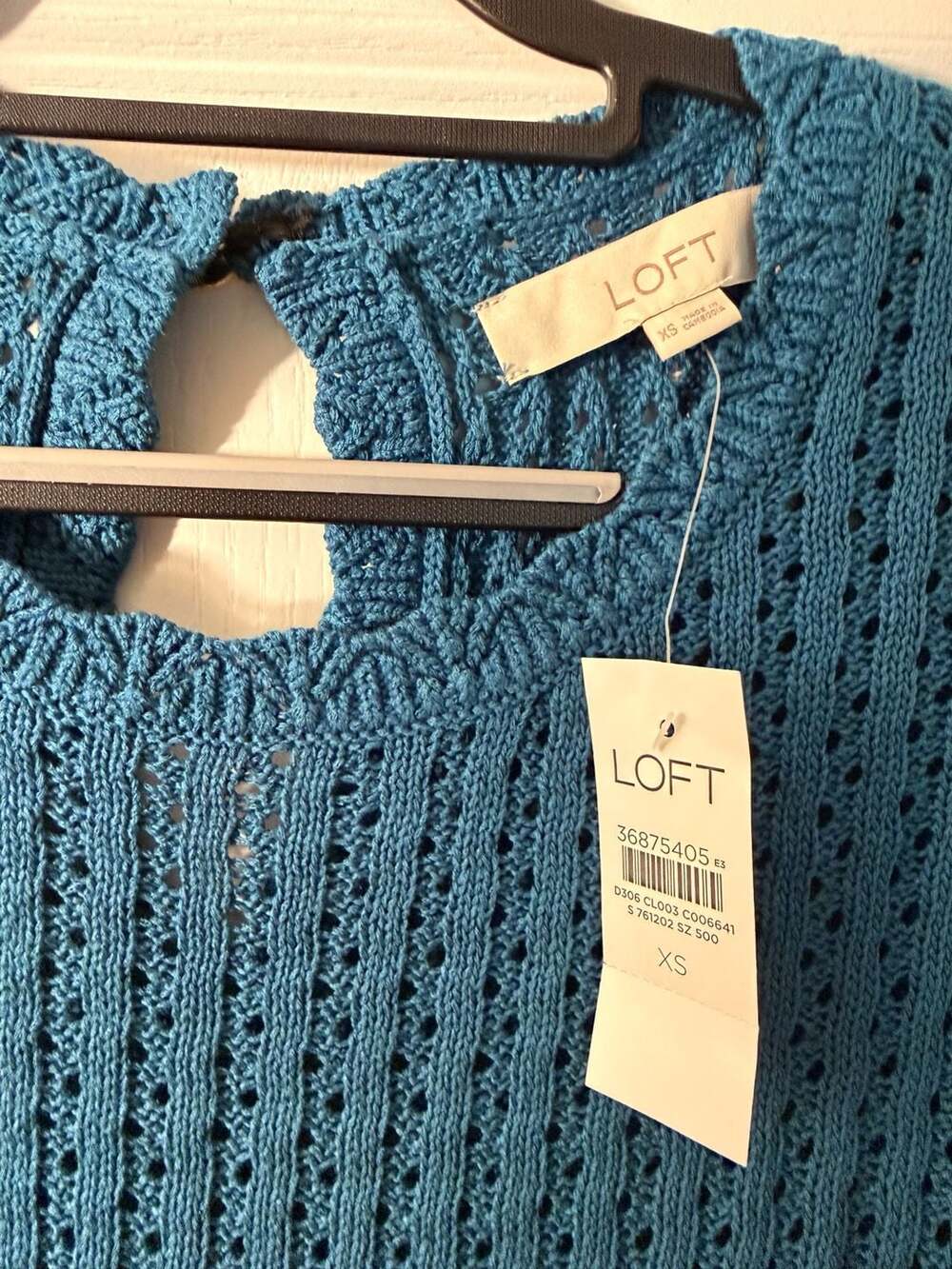 LOFT Pointelle Short Sleeve Sweater Size XS Blue Keyhole Back